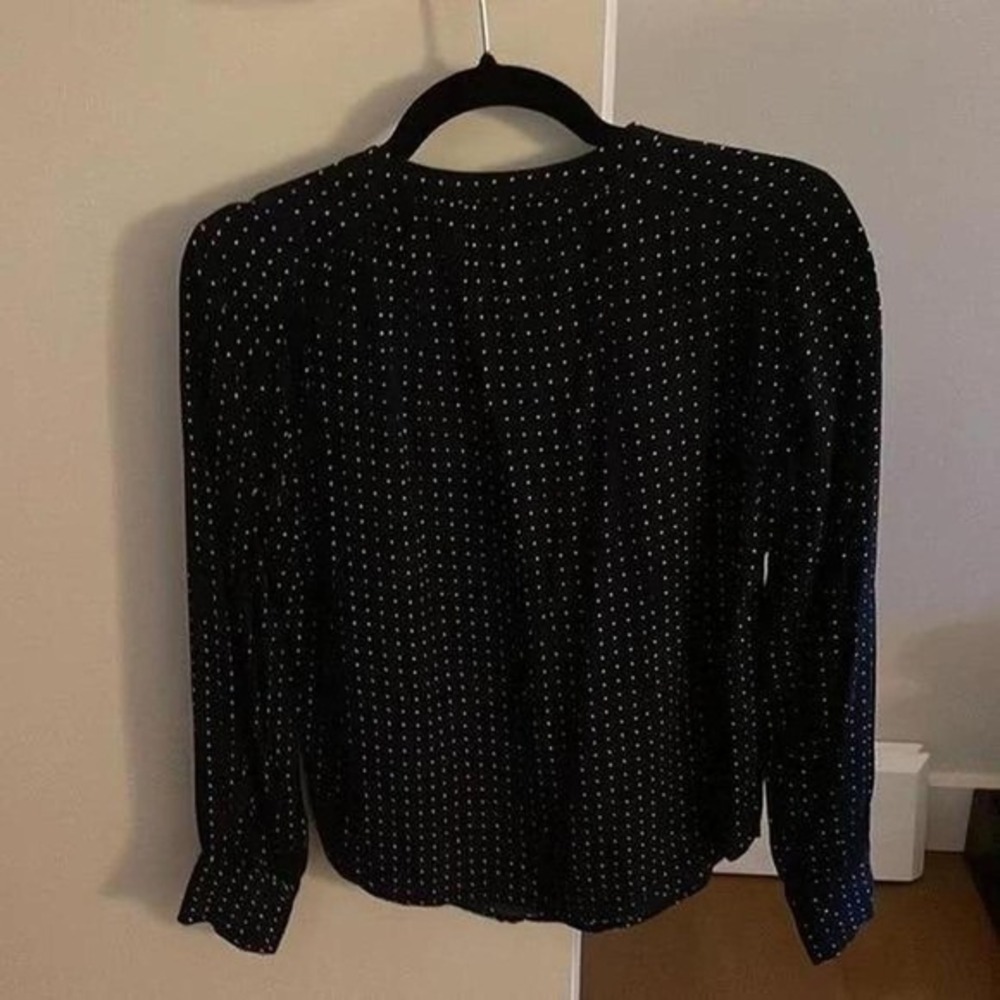 NAVY BLUE POLKA DOT LONG SLEEVE COLLARED BLOSE WOMEN'S SIZE M - Picture 4 of 7